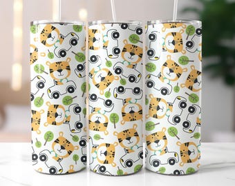 Cute Tiger Tumbler Wrap PNG – 20oz Skinny Sublimation Design with Safari Jungle Animals, Kids Pattern, Cartoon Cars & Playful Forest Vibe