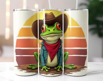 Cowboy Frog Tumbler Wrap PNG – 20oz Skinny Sublimation Design with Sunset, Hat Bandana & Funny Frog Illustration, Digital Download for Print