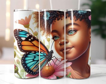 Butterfly Girl Tumbler Wrap PNG – 20oz Sublimation Design Featuring Cute Girl Portrait and Colorful Monarch Butterfly, Floral Digital Art