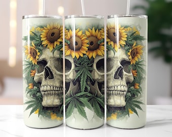 Skull and Sunflower Tumbler Wrap PNG – 20oz Sublimation Design for Floral Gothic Cup, Cannabis Leaf Clipart, Dark Aesthetic Art