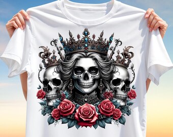 Gothic Skull Queen T-Shirt Design - Crowned Skeleton Lady PNG Clipart - Sublimation Print for Halloween, Dark Art, Gothic Fashion