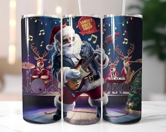 Santa Rock Show Tumbler Wrap PNG – Christmas Band Theme 20oz Skinny Sublimation Design with Reindeer & Music
