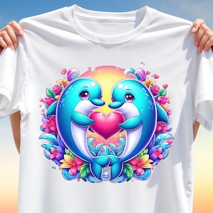 May include: White t-shirt featuring a vibrant graphic of two blue dolphins embracing a pink heart. The design includes colorful flowers and a sunset background, creating a cheerful and romantic theme.