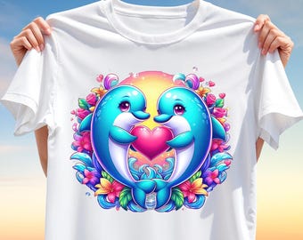 Cute Dolphin Couple T-Shirt Design PNG – Romantic Heart & Flowers Sublimation Clipart for Kids, Valentine’s Day, Ocean Love Apparel