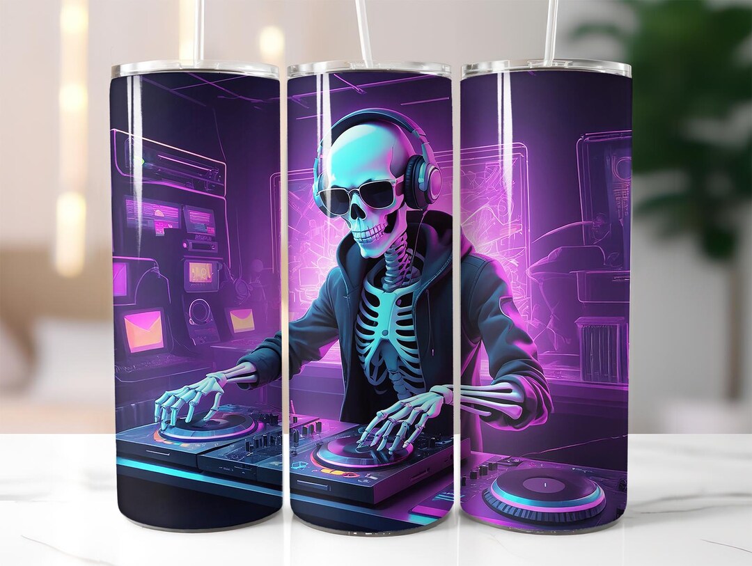 Skelaton Rave Neon DJ Skeleton Tumbler Wrap PNG, Cyberpunk Music Theme, 20 Oz Skinny ...