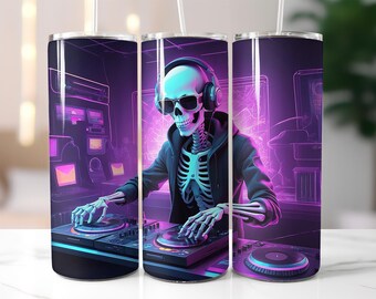 Neon DJ Skeleton Tumbler Wrap PNG, Cyberpunk Music Theme, 20 oz Skinny Tumbler Sublimation, Rave Party Skull Design