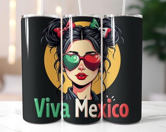 Viva Mexico Tumbler Wrap PNG – 20oz Skinny Tumbler Sublimation Design with Mexican Girl, Heart Glasses, Tricolor Bows, Latina Pride Art