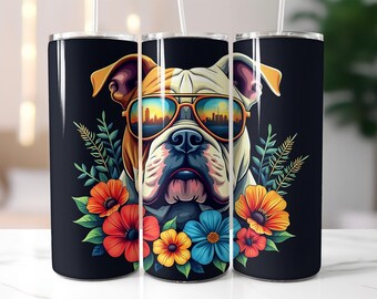 Cool Bulldog Tumbler Wrap PNG – 20oz Skinny Tumbler Sublimation Design with Sunglasses, Colorful Flowers, Floral Dog Art, Summer Vibes