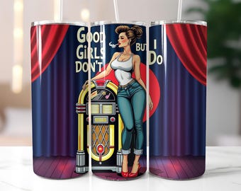 Retro Pin-Up Girl Tumbler Wrap PNG, Rockabilly 20oz Skinny Sublimation Design, Vintage Jukebox Quote Wrap, Digital Download