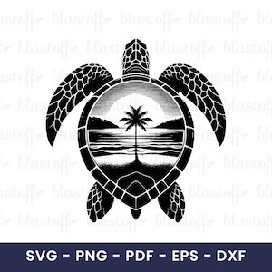 May include: Black and white illustration of a sea turtle with a tropical scene inside its shell. The scene includes a palm tree, ocean, and sunset. The image also includes the text "SVG - PNG - PDF - EPS - DXF".