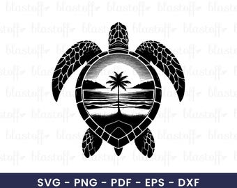Sea Turtle Beach Sunset SVG – Palm Tree Ocean Clipart for Sublimation, Summer Vacation Design PNG, Tropical Sea Turtle Tattoo Design