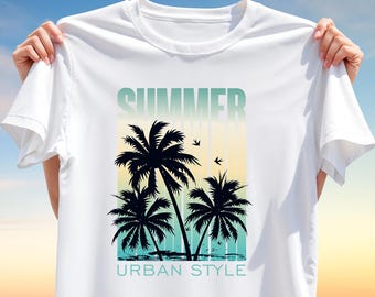 Summer Urban Style T-Shirt Design PNG – Retro Sunset Beach Scene with Palm Trees – Sublimation Print for Vacation Vibes