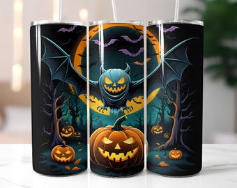 Scary Halloween Tumbler Wrap PNG – 20oz Skinny Sublimation Design with Jack-o’-Lanterns, Demon Bat, Spooky Forest, Full Moon & Flying Bats