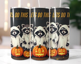 Halloween Raccoon Tumbler Wrap PNG – Cute Ghost Costume & Pumpkin 20oz Skinny Sublimation Design, Trick or Treat Fall Art