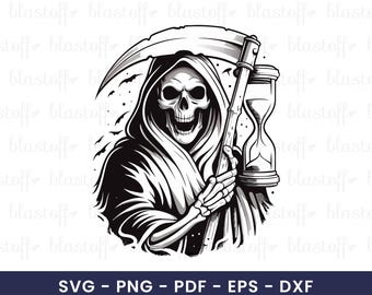 Grim Reaper SVG with Scythe and Hourglass – Gothic Skeleton Clipart for Cricut, Creepy Sublimation Design for T-Shirts & Halloween Decor