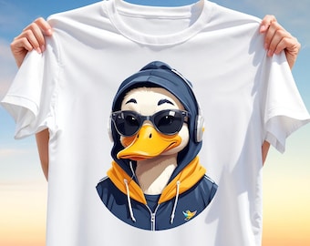 Funny Duck T-Shirt Design PNG – Cool Urban Streetwear Bird with Hoodie, Headphones & Sunglasses, Sublimation Animal Clipart