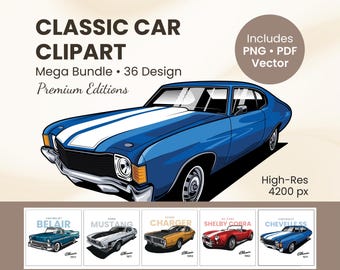 Classic Car Clipart Mega Bundle – 36 Premium Retro Auto Illustrations | PNG and PDF | High-Resolution Vintage Car Design Set