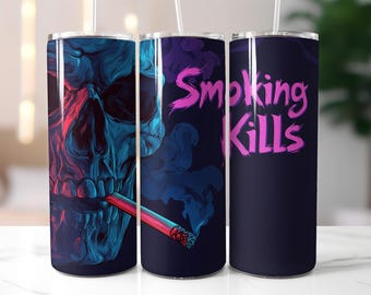 Smoking Kills Tumbler Wrap PNG – 20oz Sublimation Design with Neon Skull, Anti-Smoking Message, Dark Vaporwave Skeleton Clipart