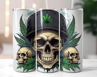 Funny Skull Weed Seamless Tumbler Wrap PNG – 20oz Sublimation Design Skull Cannabis Leaves, Gothic Urban Clipart, Dark Street Style Cup Art