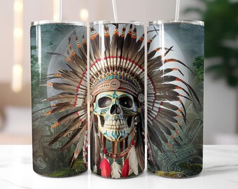 Tribal Skull Tumbler Wrap PNG – 20oz Skinny Sublimation Design with Feathered Headdress, Warrior Spirit Theme, Digital Download