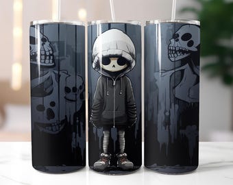 Skeleton Hoodie Tumbler Wrap PNG – 20oz Skinny Dark Street Style Sublimation Design with Skull Graffiti Art, Digital Download