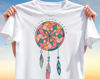 Boho Dreamcatcher T-Shirt PNG – Follow Your Arrow Quote T-Shirt Design for Sublimation, Pastel Geometric Feathers Clipart, Motivational Art
