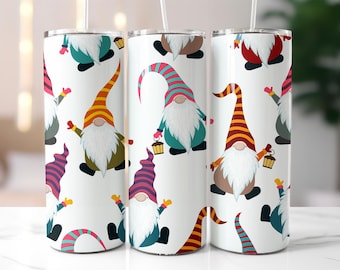 Gnome Tumbler Wrap PNG – 20oz Skinny Tumbler Sublimation Design with Cute Nordic Gnomes, Striped Hats, Lanterns, Holiday Winter Clipart PNG