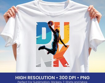 Basketball Dunk T-Shirt Design PNG, Slam Dunk Silhouette Clipart, Color Block Sports Sublimation Art, Athletic Graphic for Shirts png