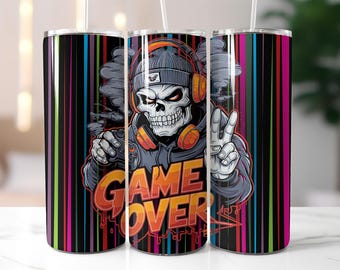 Game Over Skull Tumbler Wrap PNG, 20oz Skinny Sublimation Design, Gamer Skeleton with Headphones, Neon Street Art, Digital Download