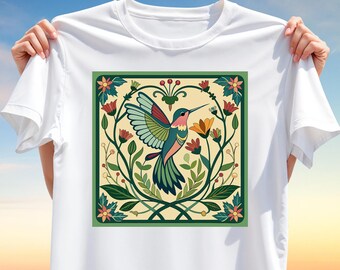 Folk Art Hummingbird T-Shirt PNG – Floral T-Shirt Design, Colorful Bird Sublimation Clipart for Nature, Boho and Botanical Apparel Printing