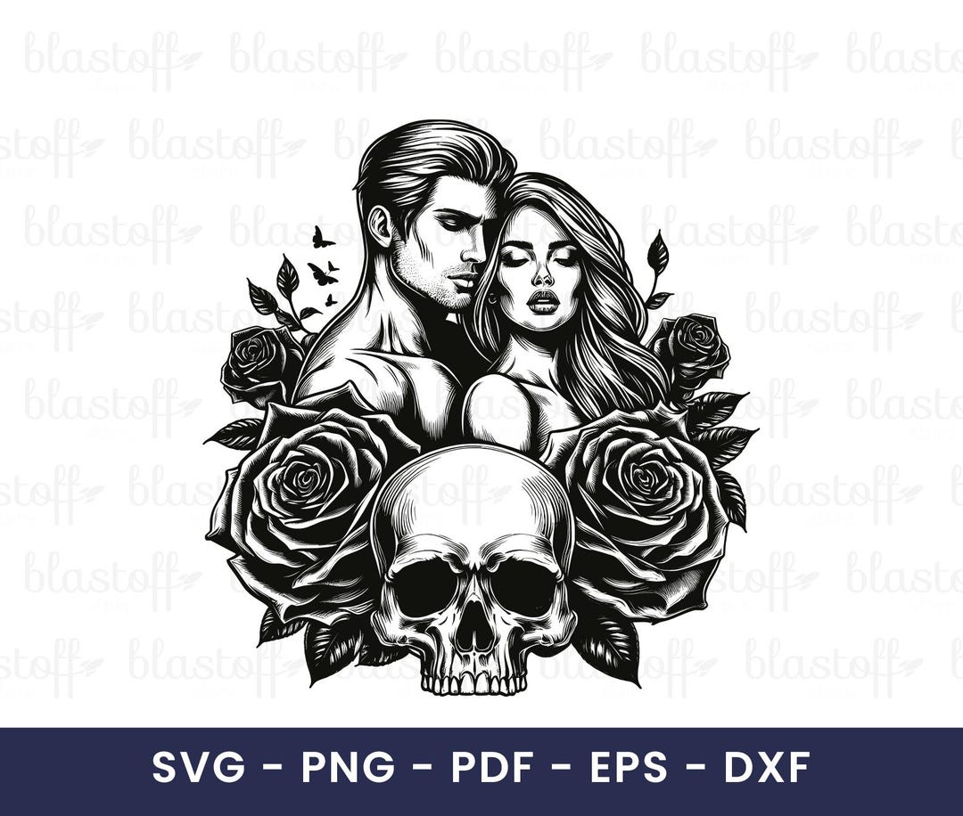 Gothic Couple Skull SVG File – Dark Love Tattoo Style Clipart With ...