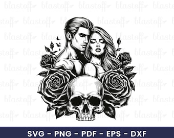 Gothic Couple Skull SVG File – Dark Love Tattoo Style Clipart with Roses for Cricut, Alternative Romance Sublimation and Shirt Design