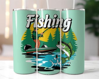 Fishing Tumbler Wrap PNG – 20oz Skinny Tumbler Sublimation Design with Boat, Big Bass, Forest Background, Outdoor Sport Lover Gift