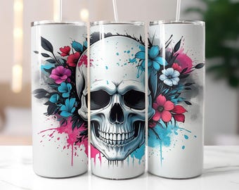 Floral Skull Tumbler Wrap PNG – 20oz Sublimation Design with Bright Flowers, Ink Splatter Art, Modern Gothic Cup Wrap Colorful Skull Clipart