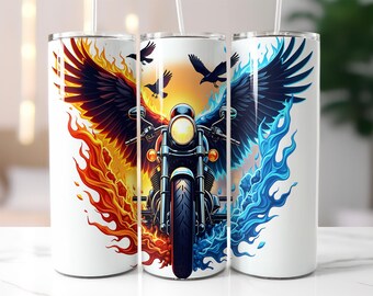 Motorcycle Tumbler Wrap PNG – 20oz Skinny Tumbler Wrap with Fire and Ice Wings, Biker and Freedom Theme – Sublimation Tumbler Wrap Design