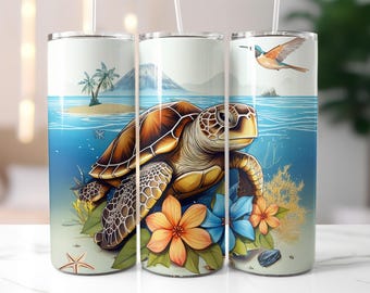 Sea Turtle Tumbler Wrap PNG – 20oz Tropical Ocean Sublimation Design with Flowers, Island and Coral, Beach Wildlife Art