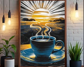 Sunset Coffee Wall Art | Morning Cup Poster | Modern Kitchen Decor Print | Cozy Café Style Artwork | Digital Download