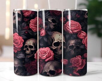 Skull and Rose Tumbler Wrap PNG – Gothic 20oz Skinny Tumbler Wrap with Dark Red Roses and Skulls – Floral Sublimation Wrap Design