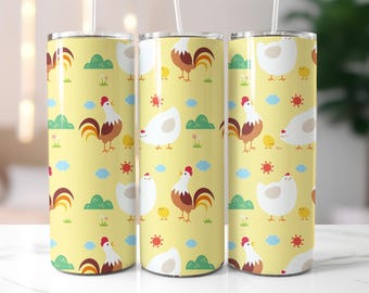 Farm Chicken Tumbler Wrap PNG – 20oz Sublimation Design with Cute Hen, Rooster, Chick, Pastel Farm Life Pattern for Country Cup Style