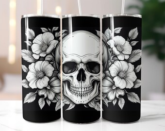 Black and White Floral Skull Tumbler Wrap PNG – 20oz Sublimation Design with Floral Gothic Clipart, Elegant Monochrome Skeleton Cup Art
