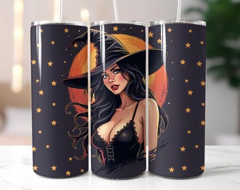 Witch Tumbler Wrap PNG – 20oz Skinny Tumbler Sublimation Design with Sexy Halloween Witch, Stars, Black Hat, Moon Background, Dark Art