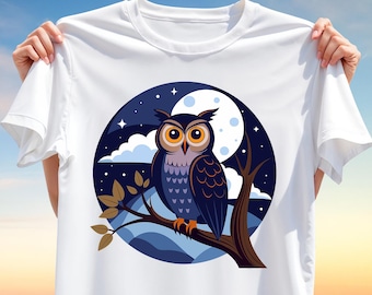 Night Owl T-Shirt PNG – Full Moon Forest Bird T-Shirt Design for Sublimation, Dark Blue Wildlife Clipart for Nature DIY Gifts & Crafts