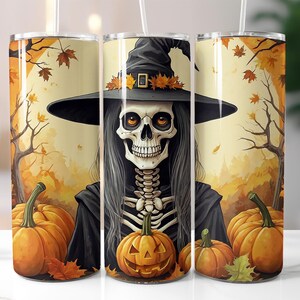 Witch Skeleton Tumbler Wrap PNG, Halloween Pumpkin Design, 20 oz Skinny Tumbler Sublimation, Spooky Fall Cup Wrap