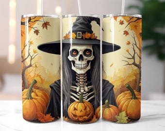 Witch Skeleton Tumbler Wrap PNG, Halloween Pumpkin Design, 20 oz Skinny Tumbler Sublimation, Spooky Fall Cup Wrap