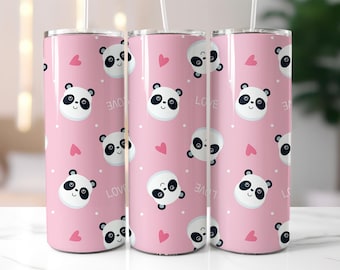 Cute Panda Tumbler Wrap PNG – 20oz Sublimation Design with Love Hearts, Kawaii Bear Faces, Pink Pastel Romantic Cup Pattern
