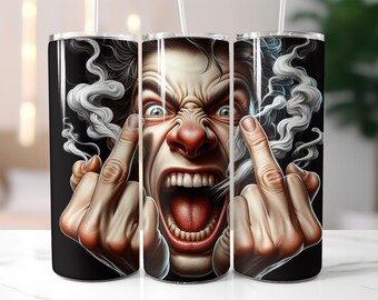 Middle Finger Rage Tumbler Wrap PNG – 20oz Skinny Sublimation Design with Screaming Face, Angry Hands & Smoke Art
