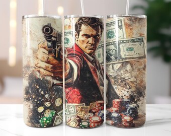 Gangster Casino Tumbler Wrap PNG – 20oz Skinny Sublimation Design with Money, Poker Chips, Dice & Gun Art, Digital Download