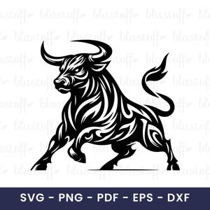 May include: Black and white illustration of a bull in a dynamic pose. The bull has large horns and intricate tribal-style patterns throughout its body. The image includes the text "SVG - PNG - PDF - EPS - DXF".