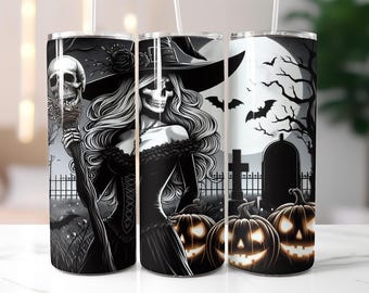 Gothic Witch Halloween Tumbler Wrap PNG – 20oz Skinny Sublimation Design with Pumpkins, Skull, Graveyard & Full Moon