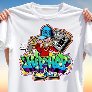 Graffiti Hip-Hop T-Shirt Design – Spray Can Streetwear PNG, Urban Rapper Clipart for Sublimation, Boombox Cartoon Art